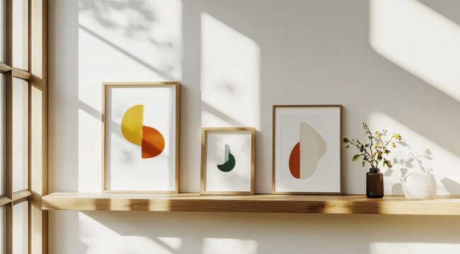 Three abstract art prints in wooden frames adorn a light oak shelf, bathed in sunlight streaming through a nearby window, creating a minimalist and serene interior scene. : Generative AI