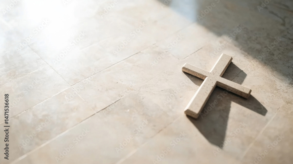Aufkleber a simple, beige stone cross rests on a light beige tiled floor, bathed in soft sunlight casting a ge