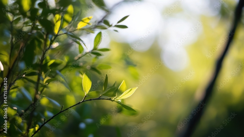 Leinwandbilder Sunlight illuminating vibrant green leaves on a slender branch, creating a bokeh effect in the background.  A tranquil nature scene perfect for spring or summer themes. : Generative AI