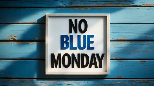 Banner concept for Day. Whiteboard showcasing the phrase 'no blue' set against a wooden background, aerial perspective, flat layout.