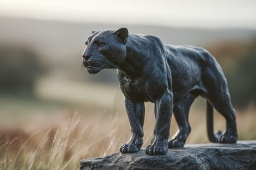 Obraz premium Dark panther sculpture positioned on a rock outcrop.
