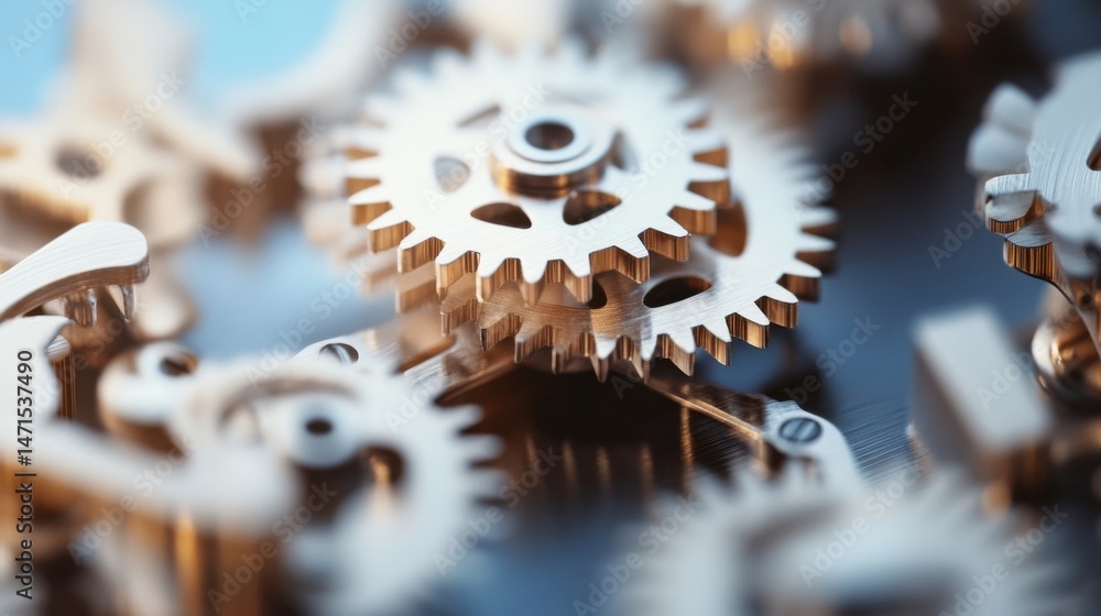 Aufkleber Close-up view of intricate metallic gears, showcasing precision engineering and complex mechanics.  The image highlights the detailed craftsmanship and interconnectivity of the compone : Generative AI