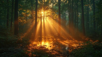 Fototapeta premium Golden sunlight streams through misty forest (1)