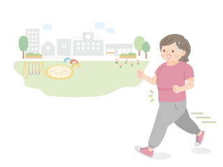 公園をランニングをする太った中年女性