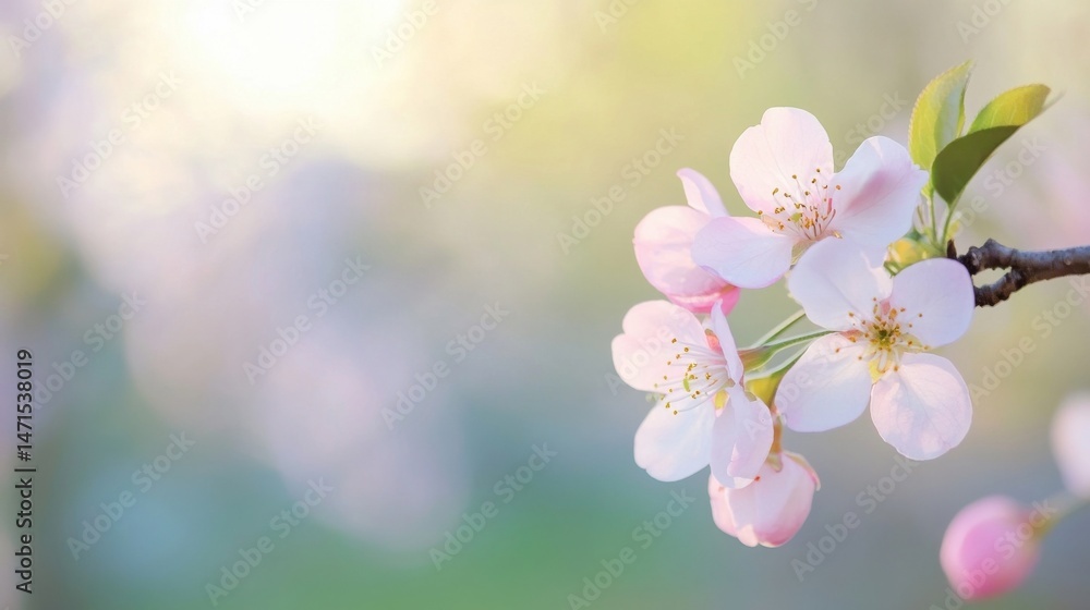Poster delicate pink apple blossoms on a branch, bathed in soft sunlight, creating a serene and peaceful sp