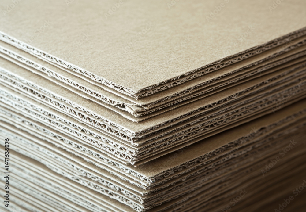 Poster Close-up view of a neatly stacked pile of cardboard sheets, showcasing the layered structure and texture of the material. : Generative AI