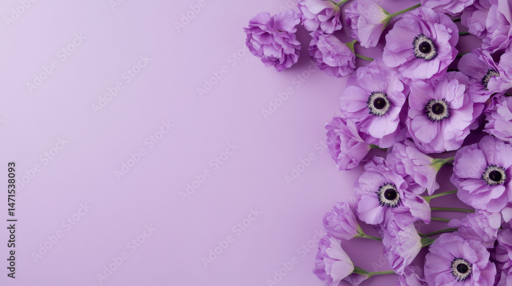 Aufkleber Lilac anemones and lisianthus blossoms arranged on a lavender background, creating a delicate floral border with ample copy space. : Generative AI