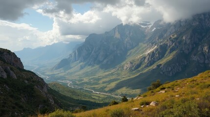Cloudy midday over Sierra de San Pedro, panoramic view of rugged hills and dense woodland.