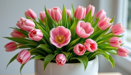 Fototapeta premium a bouquet of pink tulips in a white vase, set against a plain backdrop