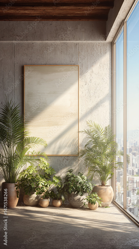 Poster blank canvas mockup in minimalist interior with potted plants near large window, showcasing calm and