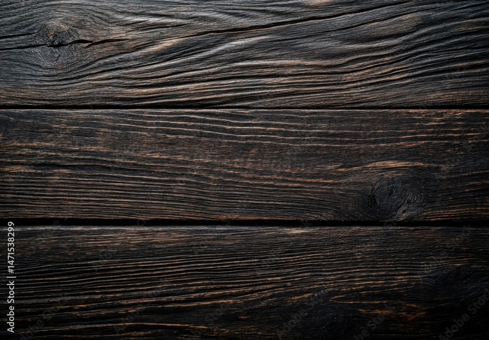 Aufkleber Dark brown wood texture background, showing rich grain and natural patterns ideal for rustic designs and vintage projects.  The image features three horizontal planks. : Generative AI