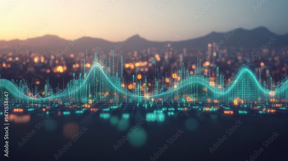 Poster digital technology visualization with abstract sound waves and city skyline in background during sun