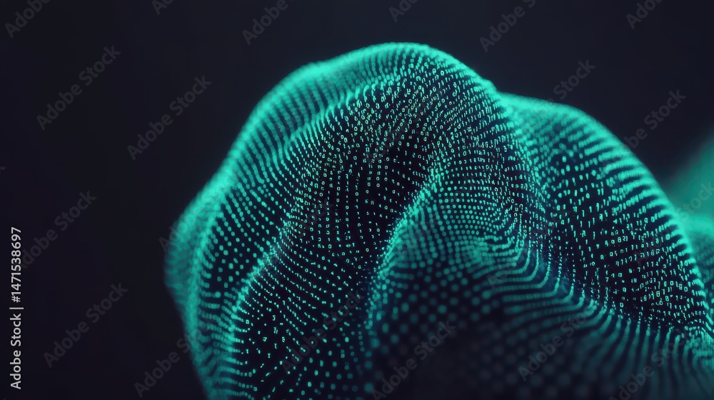 Poster abstract digital representation of a flowing surface made of particles glowing in a dark environment