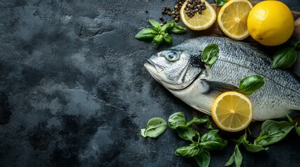 Fresh fish with herbs and citrus on a dark surface.