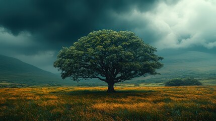 Solitary tree in a golden field under a stormy sky