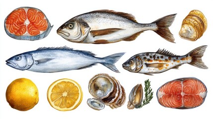 Colorful illustration of various fresh seafood and citrus fruits.