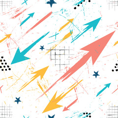 Dynamic seamless pattern featuring colorful arrows, sketchy textures, ink splatter, stars and abstract shapes. Perfect for kids' products, notebooks, fashion, and sport-themed designs.