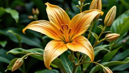 Fototapeta premium a beautiful yellow flower in full bloom, standing out against its green surroundings