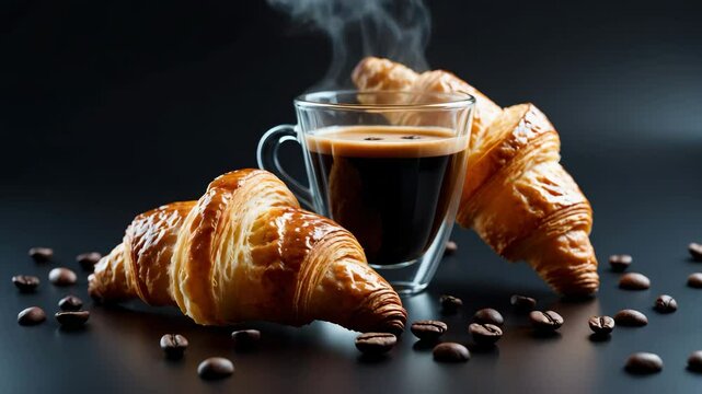 Breakfast and coffee culture with airborne croissants and beans
