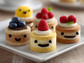 a collection of small, round cakes with different cute facial expressions made with colorful icing on white cream, each topped with a single fresh berry