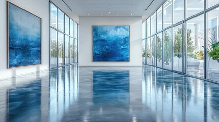 Fototapeta premium Modern gallery space with large blue abstract paintings, wide windows, and reflective floor