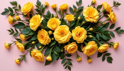 Obraz premium a collection of yellow roses artfully arranged to form an arched pattern on a light colored background
