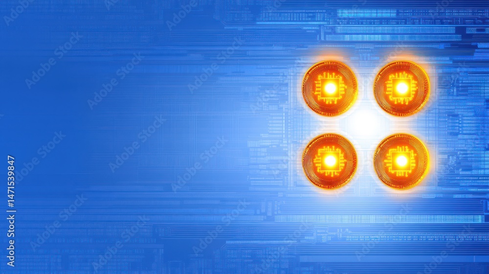Poster high-tech background with bright orange circles, digital patterns and futuristic design elements for