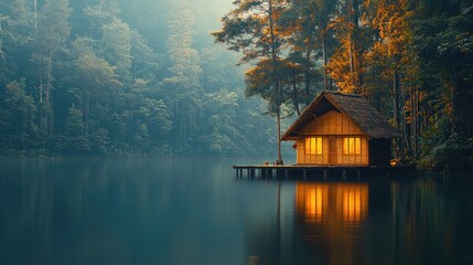 Fototapeta premium Serene cabin on a lake in misty forest