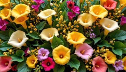 a vibrant floral arrangement in a vase. the flowers are of various types and colors, including yellow, orange, pink, purple, and white