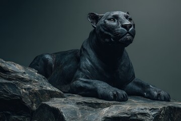 Obraz premium Dark panther sculpture resting on a rock face.