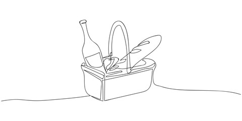 Continuous line drawing picnic basket with wine and baguette on white background. Food minimalism illustration.
