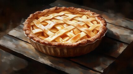 Close-up view of a golden  pie on wooden planks.