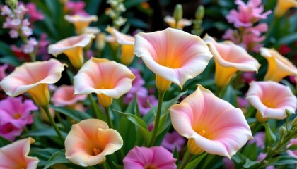 Fototapeta premium a vibrant display of flowers in full bloom, with the majority being large pink blooms and smaller yellow ones. these flowers are arranged in neat rows within a well maintained garden bed