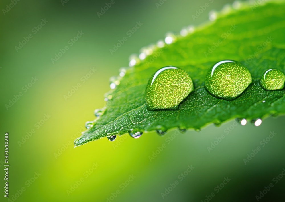 Poster closeup of three water droplets on a vibrant green leaf, showcasing natural texture and light reflec