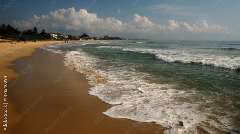 Aufkleber tranquil beach scene with gentle waves lapping on golden sand, under a partly cloudy sky, featuring 
