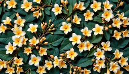 Fototapeta premium an abundance of yellow flowers with green leaves, creating a dense and lush pattern across its entirety