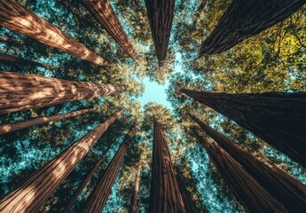 Majestic Redwood Trees Reaching for a Sunny Sky: A Low-Angle View of Towering Redwood Trunks and Lush Green Canopies in a California Forest. : Generative AI