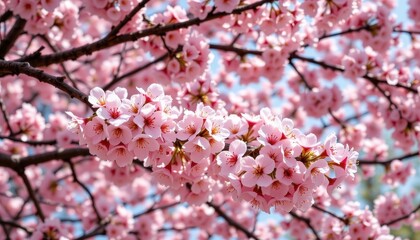 Obraz premium a close up view of cherry blossom trees in full bloom against a clear sky. the tree branches are laden with clusters of delicate pink flowers