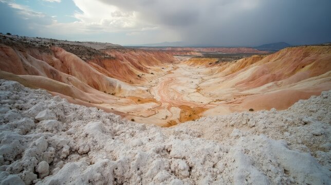 Overcast midday panorama of Sorbas Gypsum Karst with textured rocky terrain.