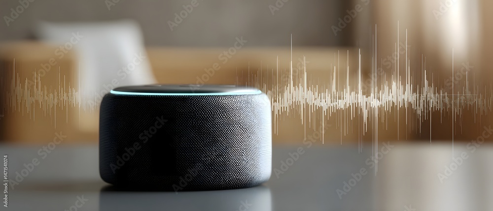 Poster smart speaker with voice assistant interface in a modern office setting