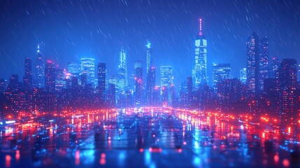 Fototapeta premium Futuristic city skyline at night, rain, vibrant lights