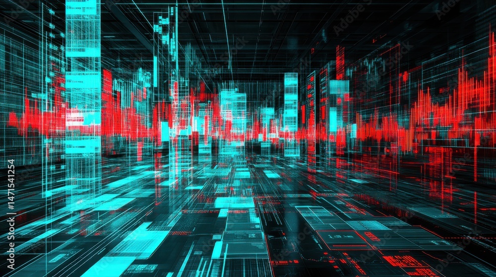 Poster futuristic digital landscape with data flow and abstract visualizations in red and blue tones for te