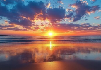 Fototapeta premium Spectacular sunset over ocean beach, vibrant colors reflecting on wet sand, dramatic cloudscape at golden hour. : Generative AI