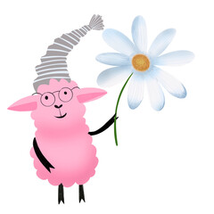 A pink lamb in a hat with a daisy.
Watercolor illustration using colored pencils for children