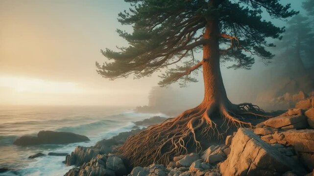 A single pine tree on the craggy shore