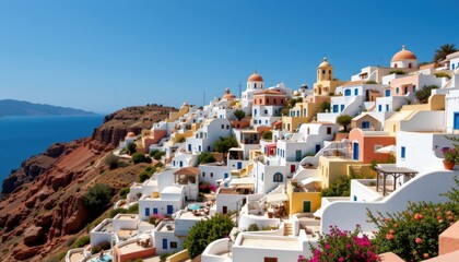 Naklejka premium a charming seaside town characterized by traditional greek style architecture. the buildings are predominantly white with blue accents, nestled on a cliffside overlooking the ocean
