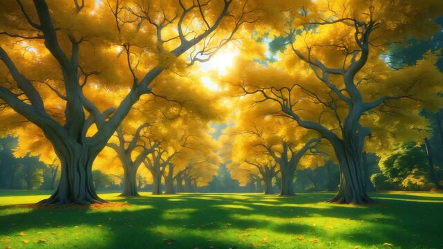 Yellow autumn leaves gleaming in the sunny park and forest
