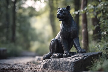 Dark bronze sculpture of a seated panther in a natural setting.