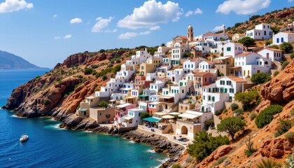 Naklejka premium a picturesque coastal town nestled atop cliffs with a stunning ocean view. the buildings, primarily white, are adorned with blue shutters, creating a vibrant and charming color scheme