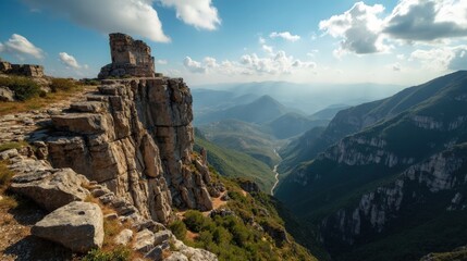 Obraz premium Aerial view of Sierra de Irta under bright midday sun, revealing coastal cliffs and green slopes.